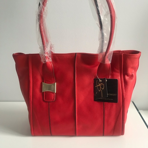 B.Makowsky Lipstick Red Golden Hardware Soft Genuine Leather Large Tote Bag - Picture 2 of 16